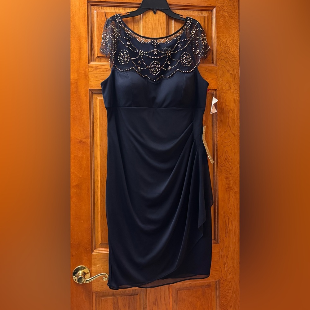 DJ-Jaz womens navy blue beaded sheath cocktail dress Sz 14 NEW